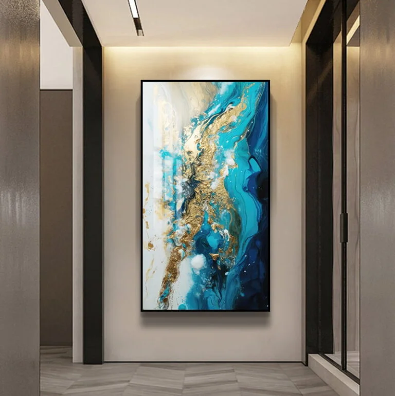 Modern abstract wall art with blue and gold tones in a hallway.