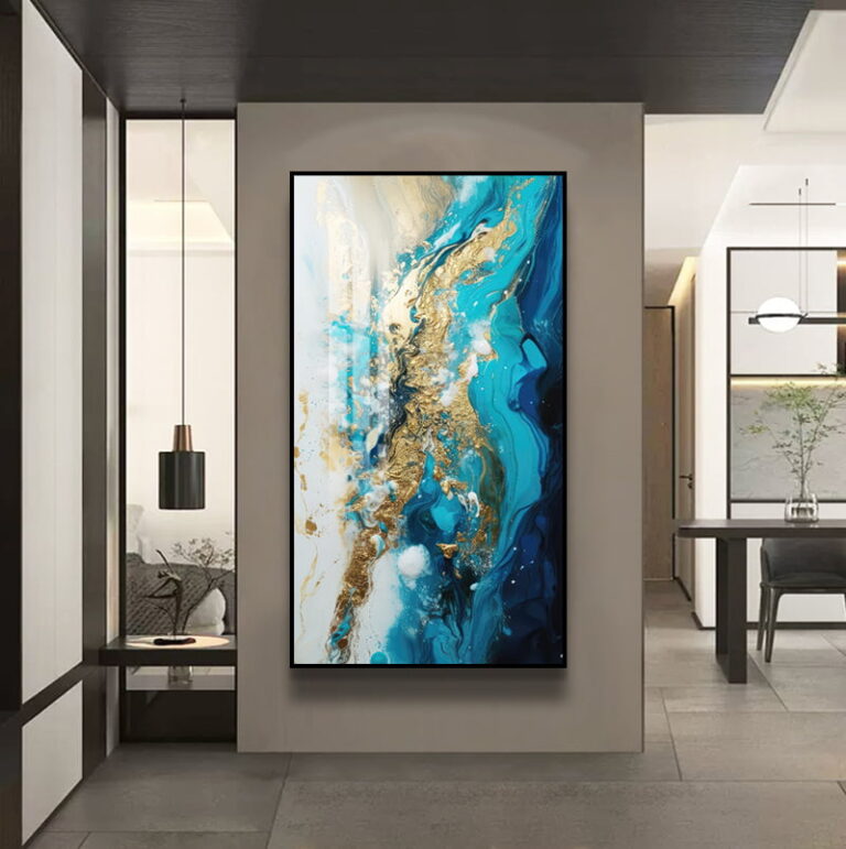 Modern abstract wall art with blue and gold tones in a luxury home setting.