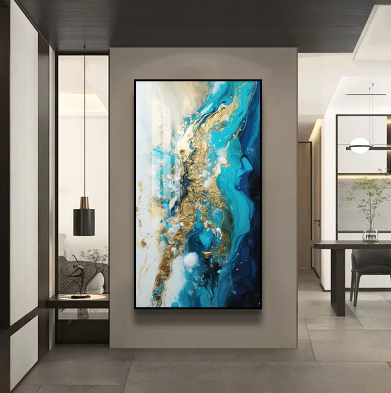 Modern abstract wall art with blue and gold tones in a luxury home setting.