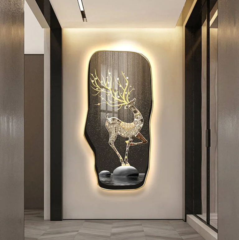 Illuminated wall art featuring a deer with antlers, framed in aluminium, ideal for modern luxury home decor.