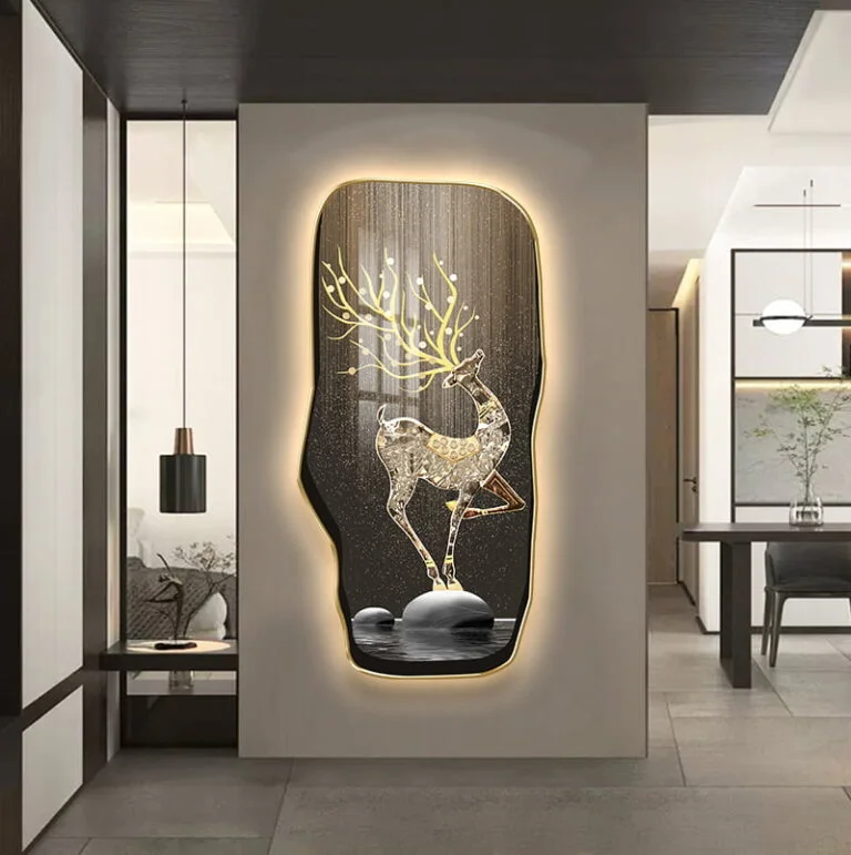 Illuminated wall art with a deer design in a modern home setting.
