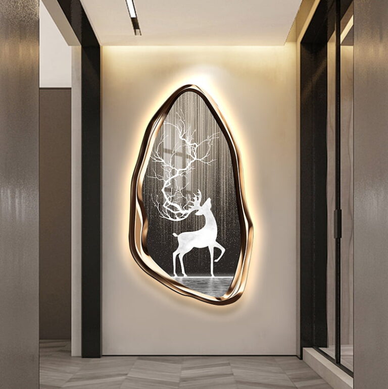 Illuminated modern wall art with deer design in luxury hallway decor.