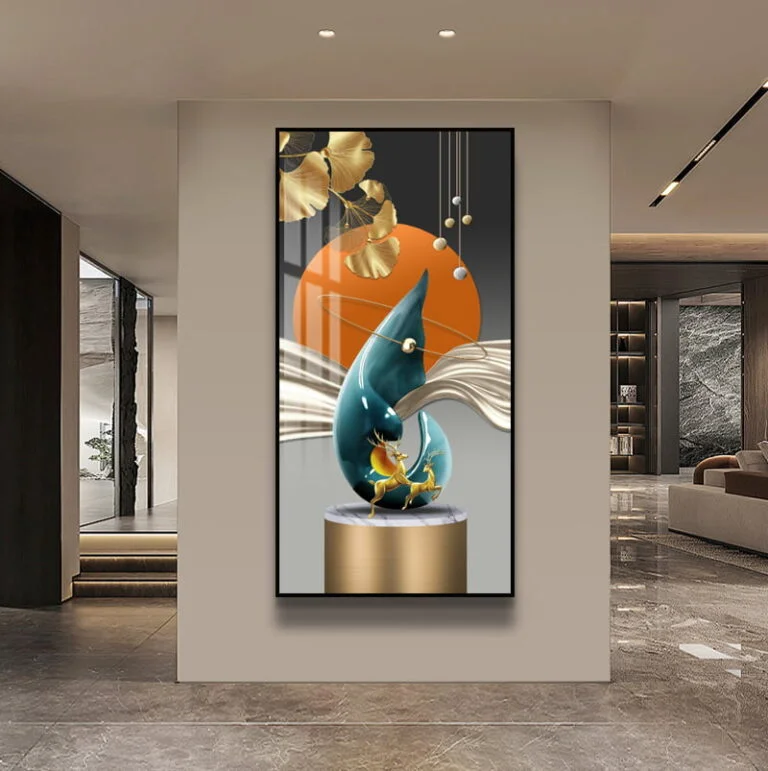 Modern luxury wall art with abstract design and gold accents in a contemporary living room.