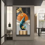 Modern luxury wall art with abstract design and gold accents in a contemporary interior setting.