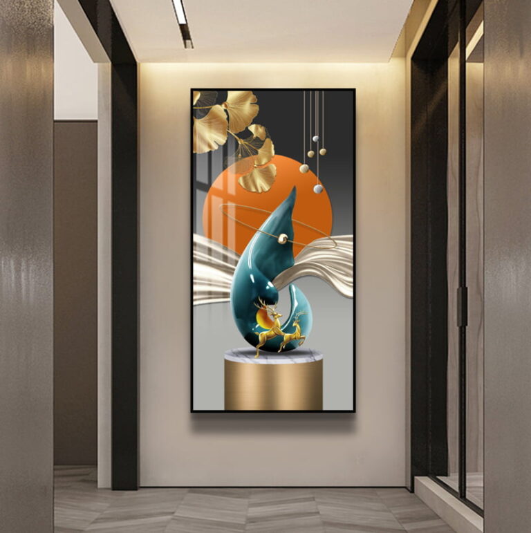 Modern luxury wall art with abstract design and gold accents in a hallway setting.