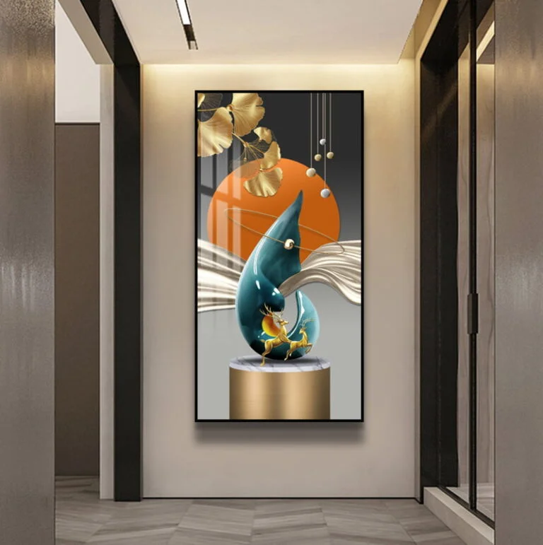 Modern luxury wall art with abstract design and gold accents in a hallway setting.