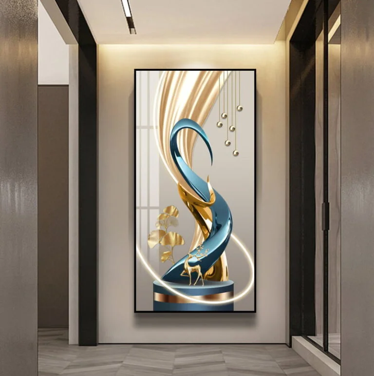 Modern luxury wall art with abstract design and gold accents in a hallway setting.