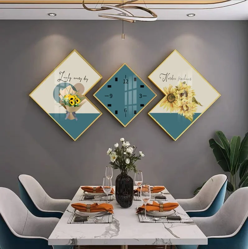 Modern dining room with geometric wall art and decorative wall clock.