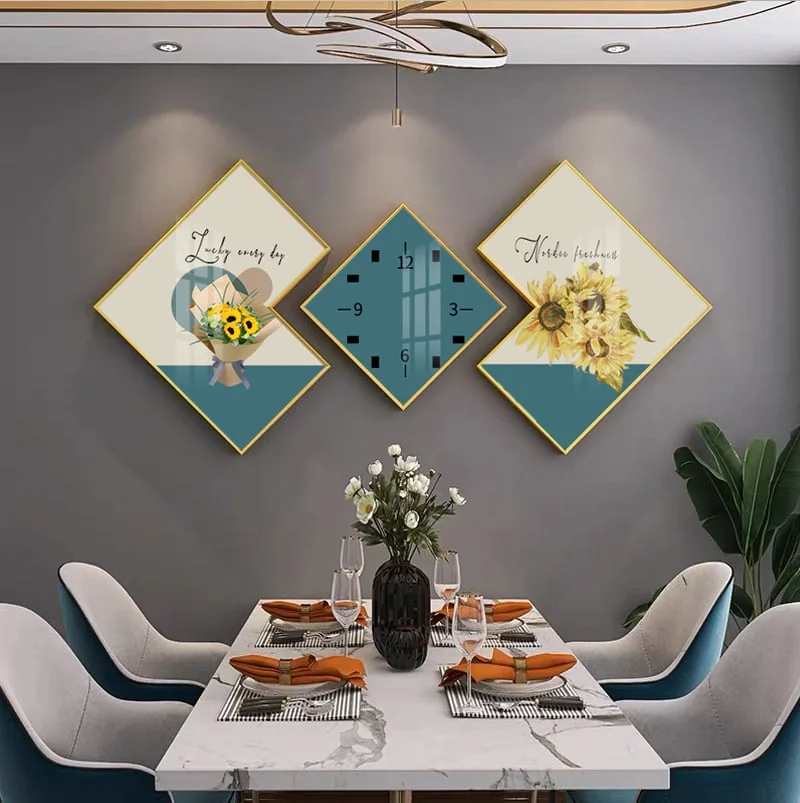 Modern Dining Room Wall Art and Clock Modern dining room with geometric wall art and decorative wall clock.