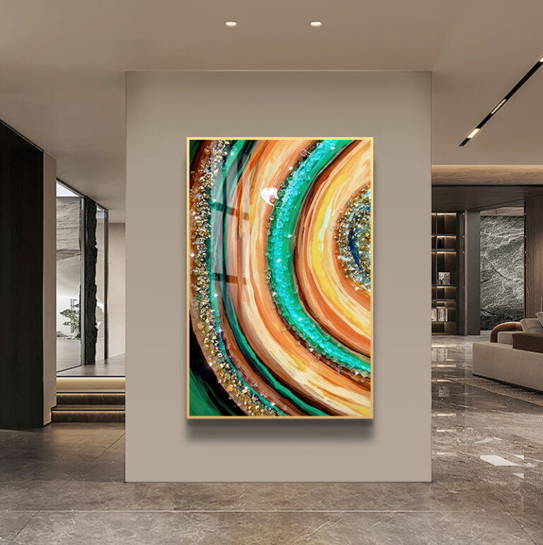Modern luxury wall art with vibrant colors and abstract design in a contemporary living room.