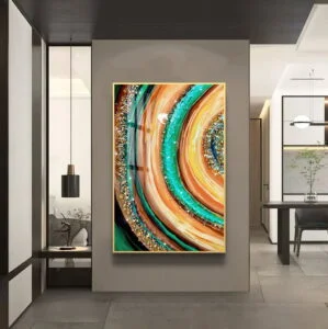 Modern luxury wall art with vibrant colors in a contemporary home setting.