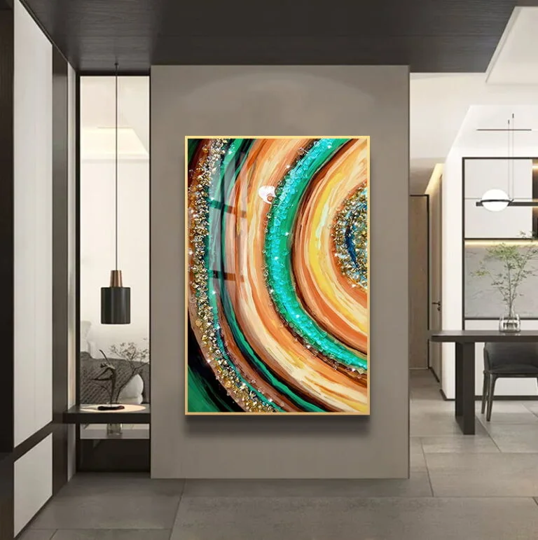 Modern luxury wall art with vibrant colors in a contemporary home setting.