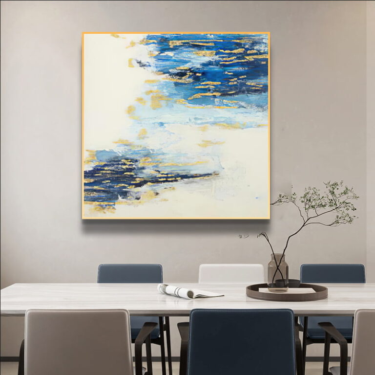 Modern abstract wall art with blue and gold accents in a dining room setting.