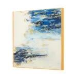 Modern abstract wall art with blue and gold accents in a wooden frame.
