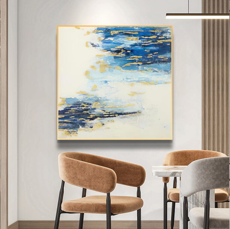Modern abstract wall art with blue and gold accents in a luxury dining room setting.