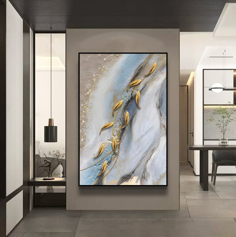 Modern luxury wall art with abstract design and gold accents in a stylish interior setting.