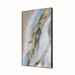 Modern abstract wall art with gold accents in a sleek black frame.