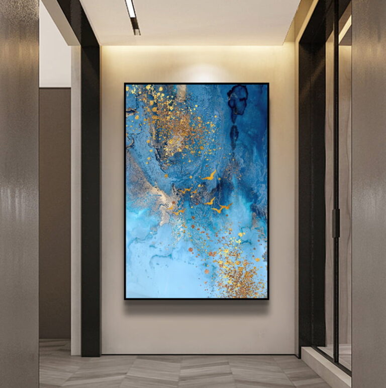 Modern abstract wall art with blue and gold tones in a sleek hallway setting.