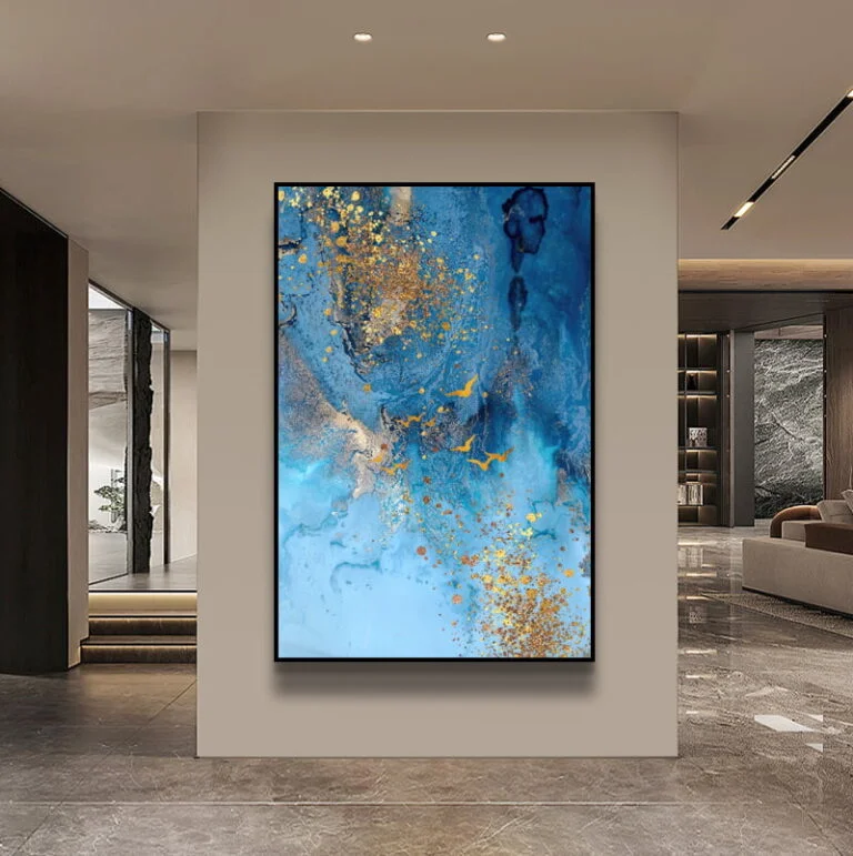Modern luxury wall art with blue and gold abstract design in a sleek interior setting.