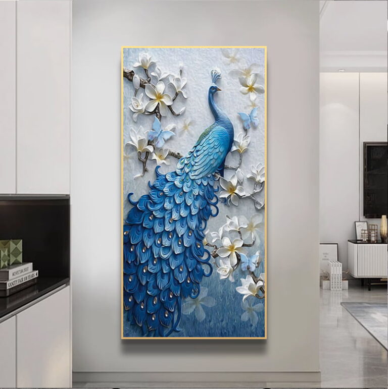 Elegant blue peacock wall art with floral accents in a modern home setting.