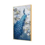 Modern wall art featuring a blue peacock with floral accents in a wooden frame.