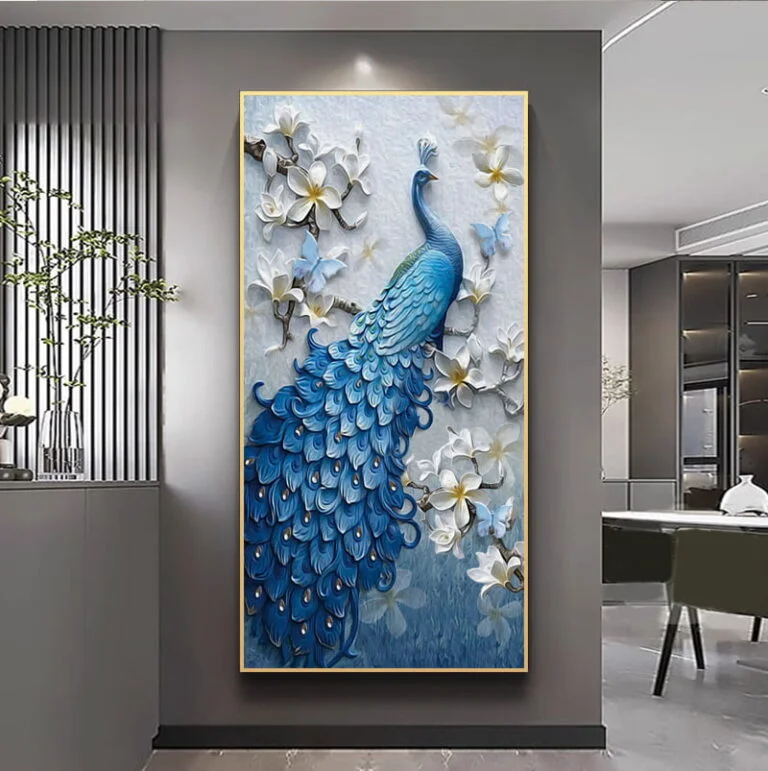 Luxury blue peacock wall art with floral accents in a modern interior setting.