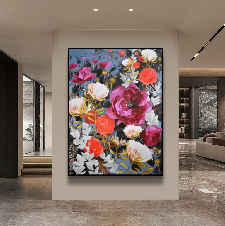 Modern floral wall art with vibrant colors in a luxury home setting.