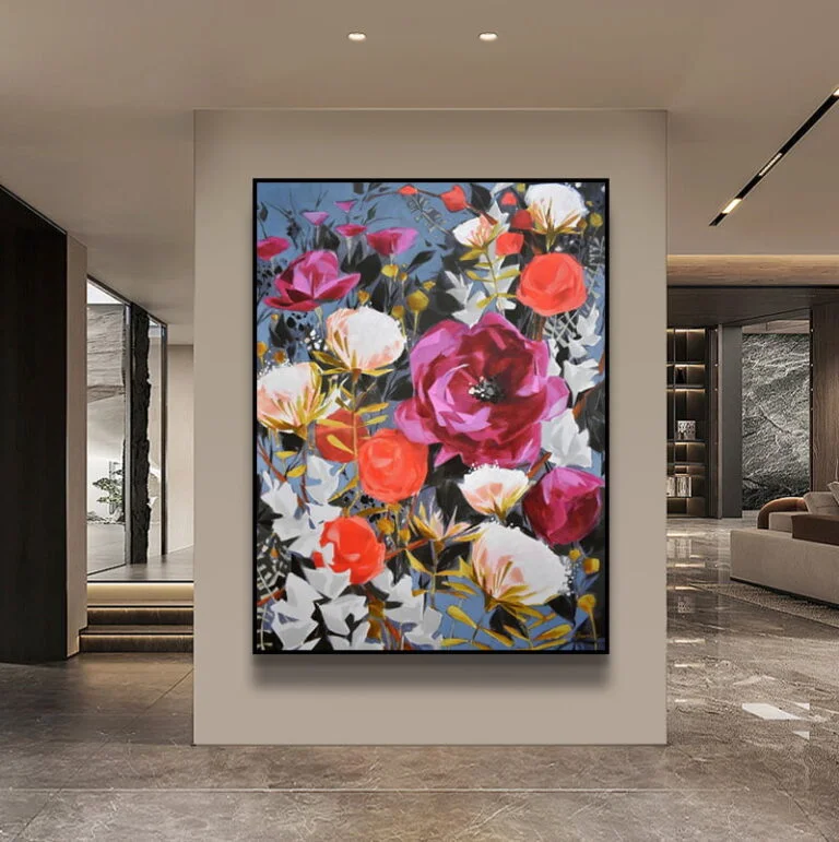 Modern floral wall art with vibrant colors in a luxury home setting.