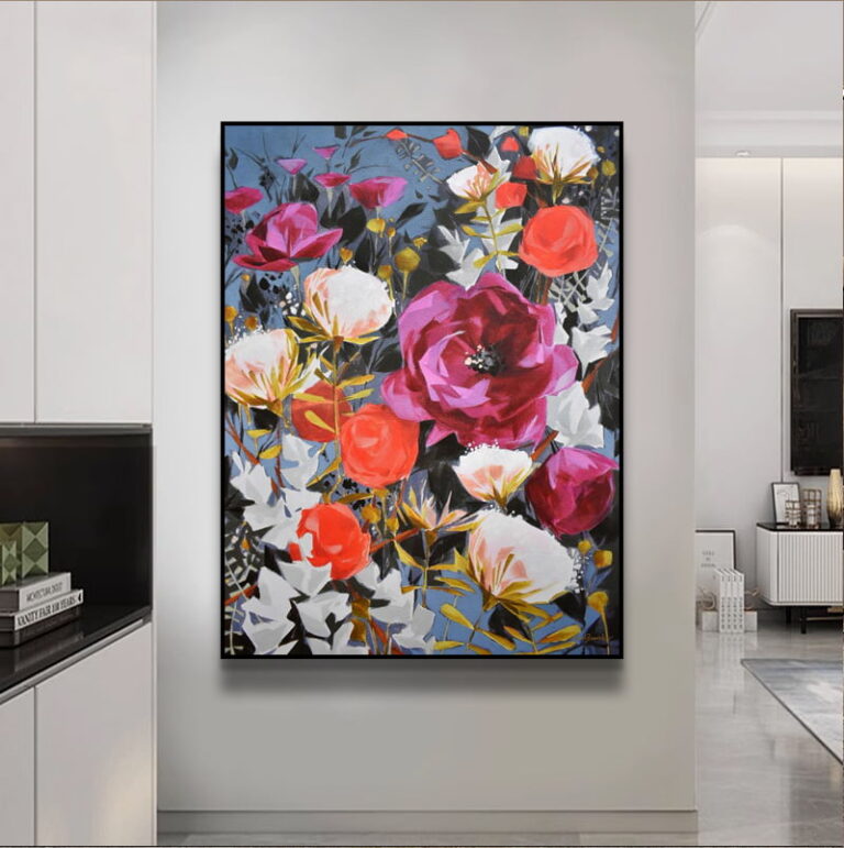 Modern floral wall art with vibrant red and white flowers in a black frame, enhancing luxury home decor.