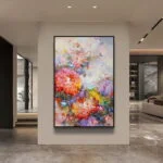 Modern luxury framed wall art with colorful abstract floral design in a contemporary living room.