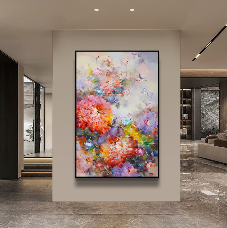 Modern luxury framed wall art with colorful abstract floral design in a contemporary living room.