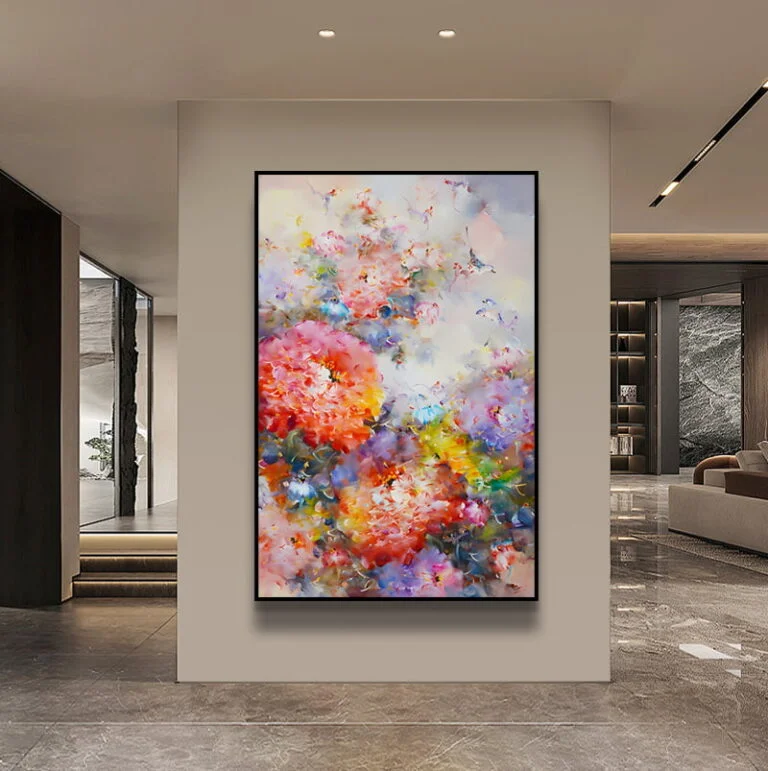 Modern luxury framed wall art with colorful abstract floral design in a contemporary living room.