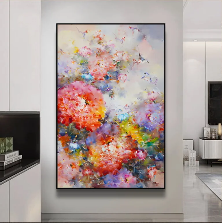 Modern floral wall art with vibrant colors in a sleek frame, enhancing luxury home decor.
