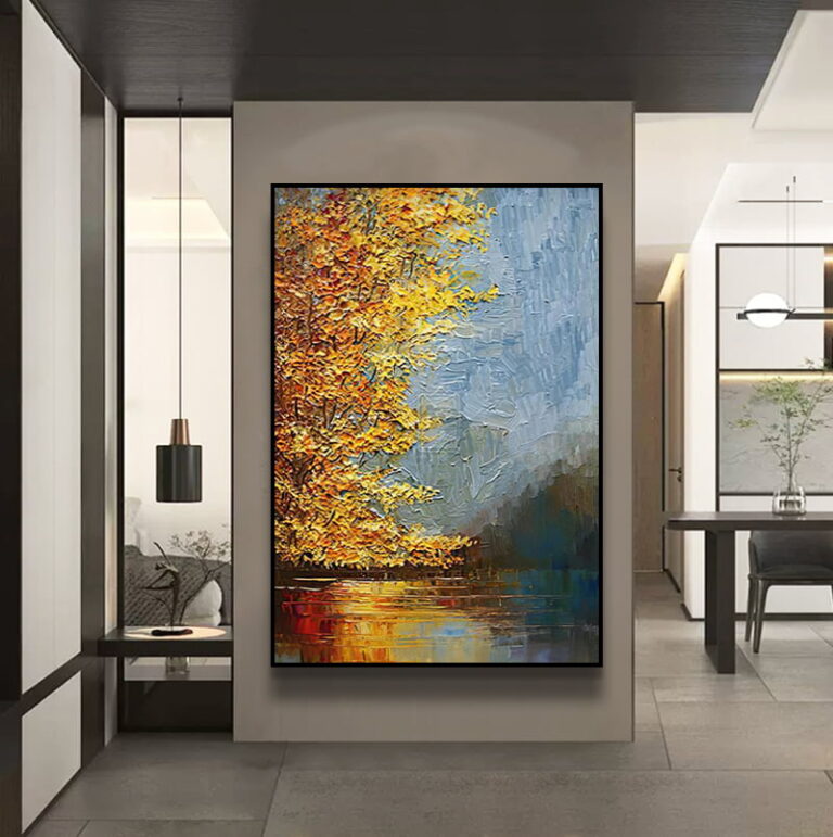 Modern framed wall art with abstract landscape in a luxury home setting.