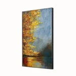 Modern framed wall art with autumn tree and lake scene, perfect for luxury home decor.