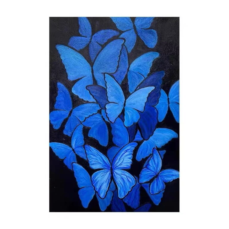 Modern wall art with blue butterflies on a black background, perfect for luxury home decor.