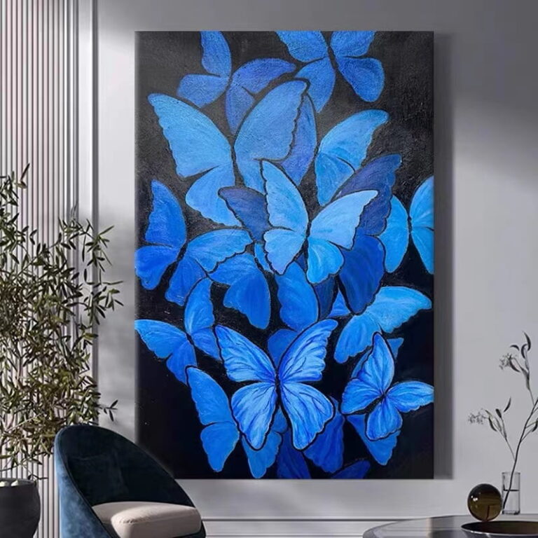 Modern wall art with blue butterflies in a luxury home setting.