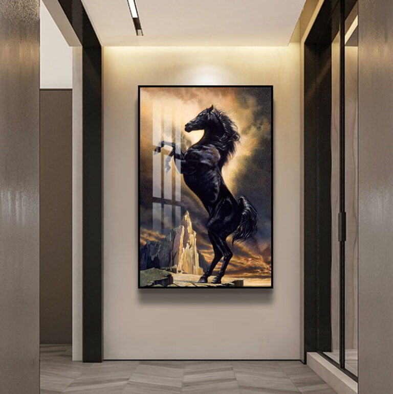 Modern wall art featuring a rearing black horse in a luxury hallway setting.