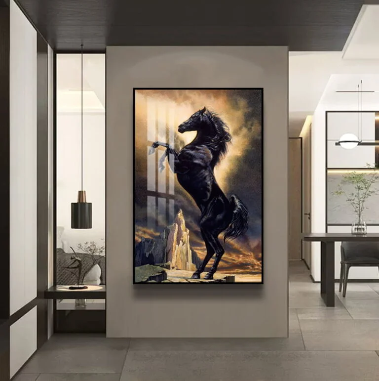 Modern framed wall art of a rearing black horse in a luxury home setting.