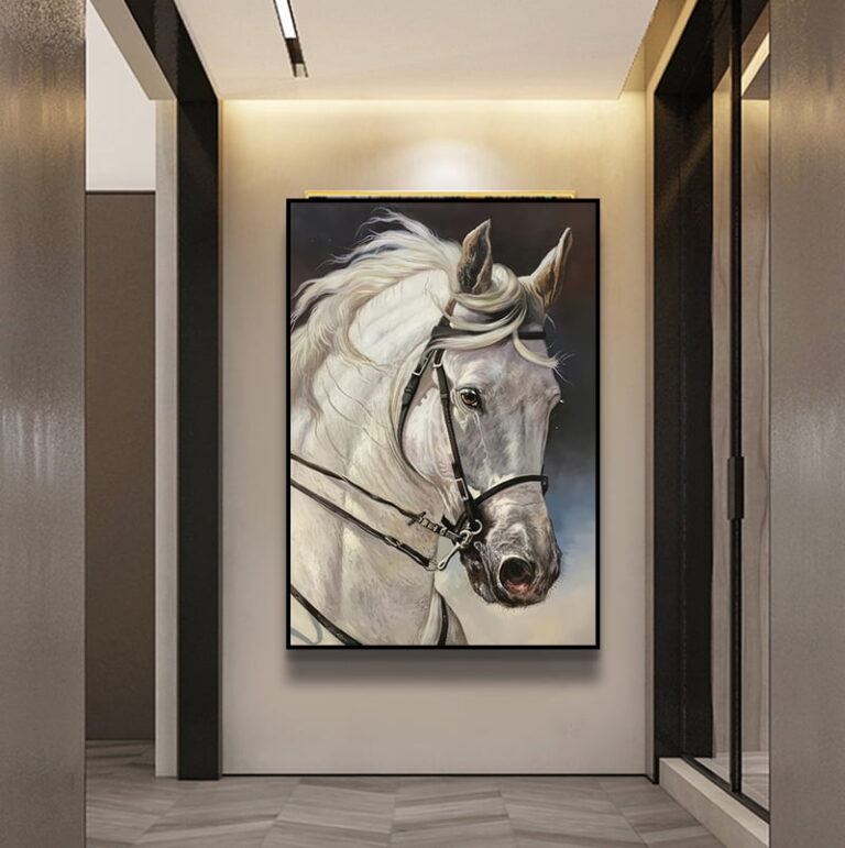 Modern framed wall art of a white horse in a luxury home setting.