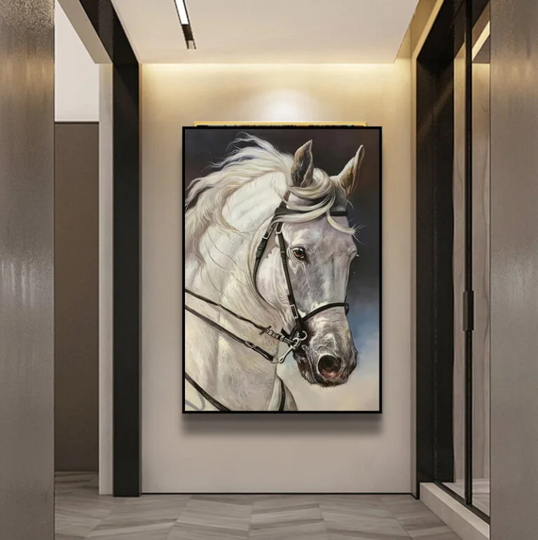 Modern framed wall art of a white horse in a luxury home setting.