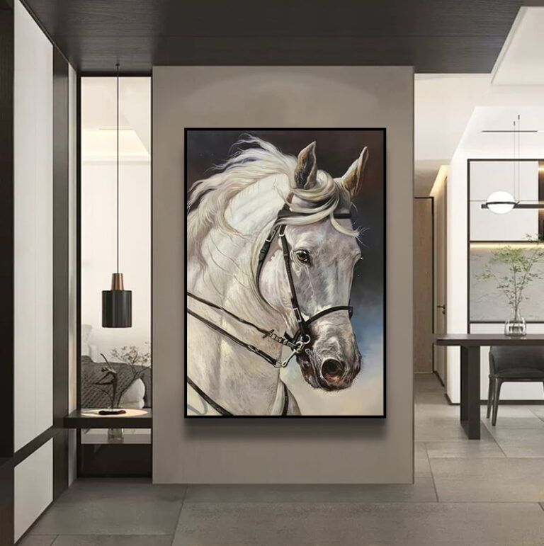 Framed wall art of a white horse in a modern home setting.