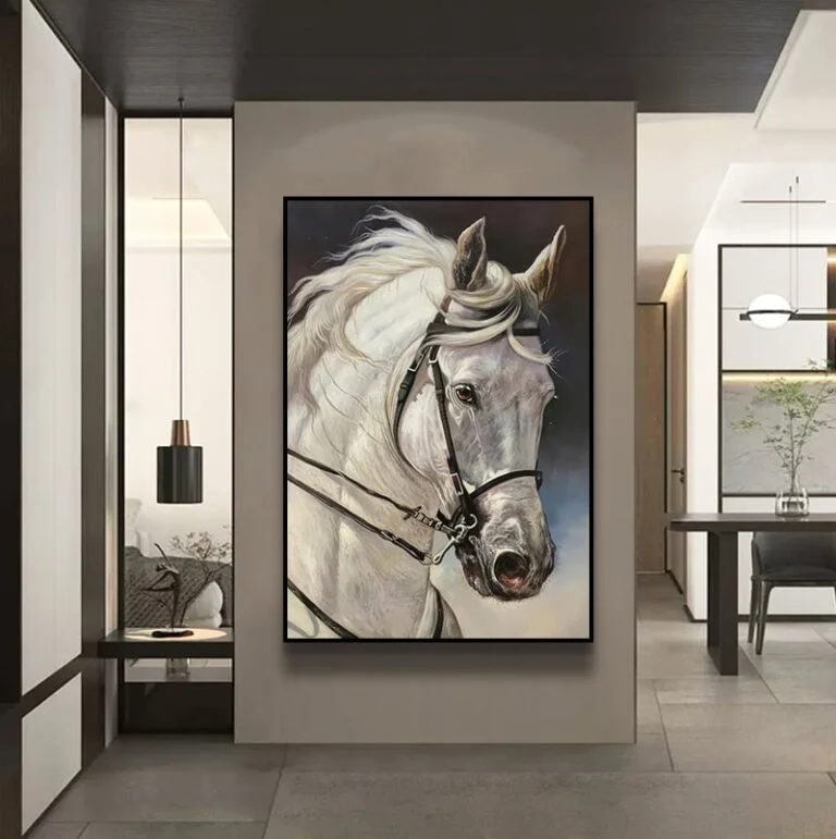 Framed wall art of a white horse in a modern home setting.