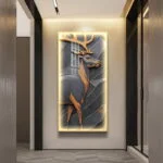 Illuminated modern wall art featuring a deer in a hallway setting.