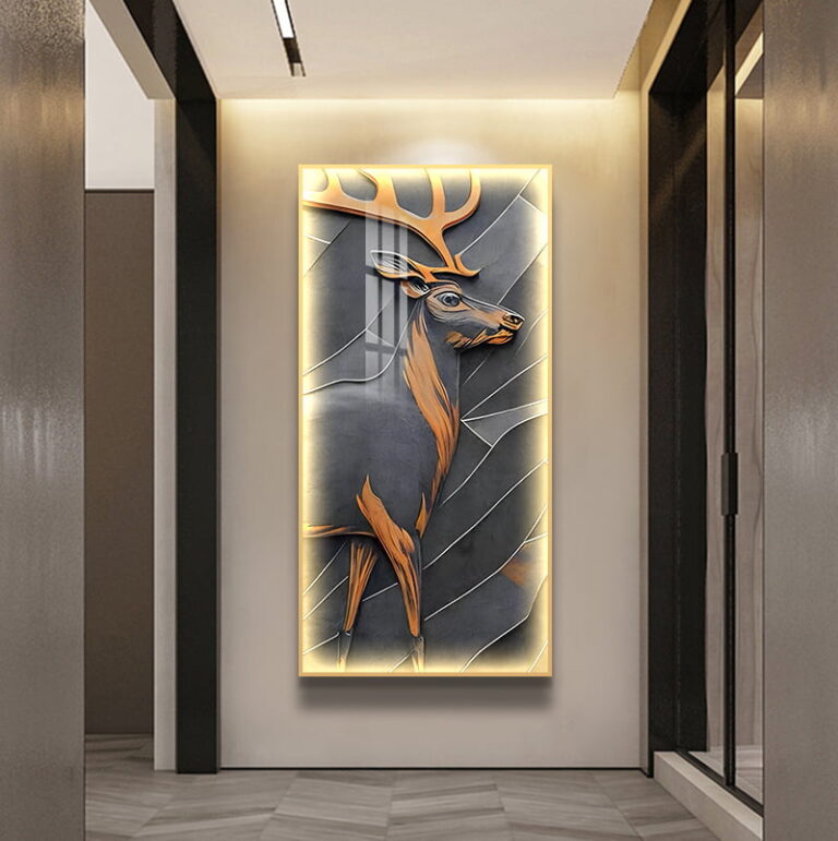 Illuminated modern wall art featuring a deer in a hallway setting.