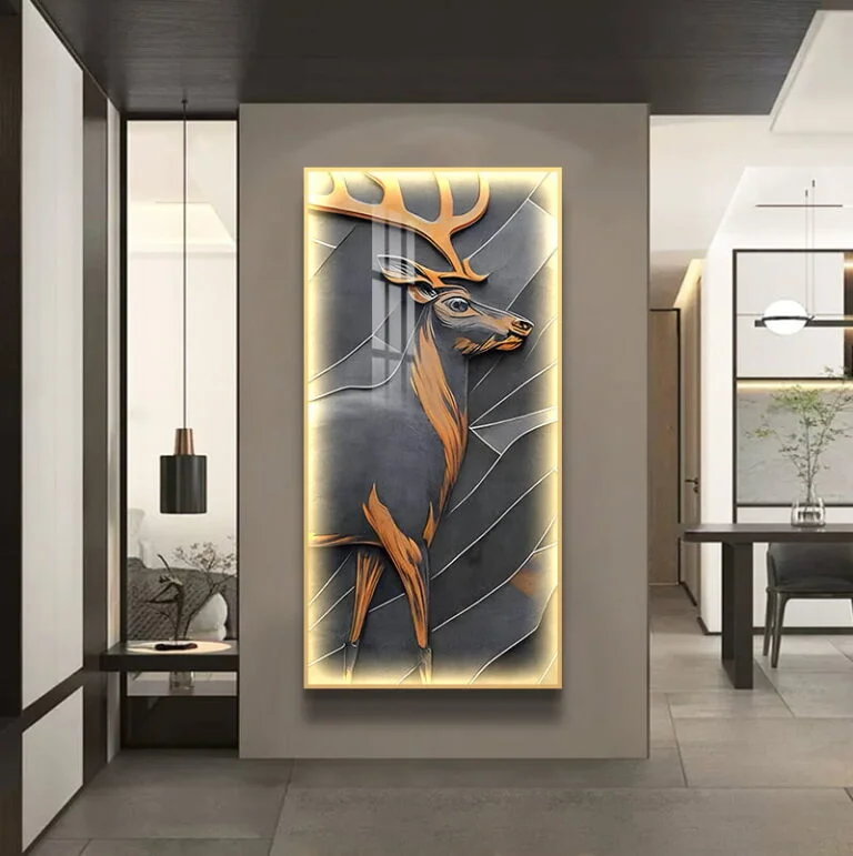 Illuminated modern wall art with deer design in a luxury home setting.