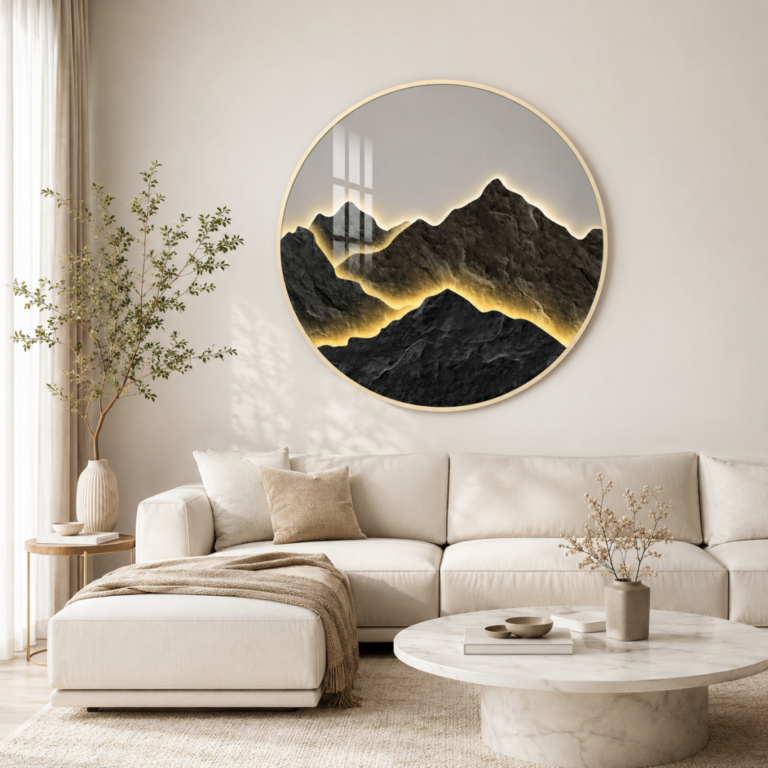 Modern luxury living room with illuminated mountain wall art and neutral decor.