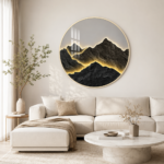 Relaxing Mountain View Round Wall Art - 3D Effect Crystal Porcelain - Gold Aluminium Frame - Image 2