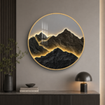 Relaxing Mountain View Round Wall Art - 3D Effect Crystal Porcelain - Gold Aluminium Frame