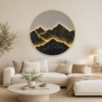 Relaxing Mountain View Round Wall Art - 3D Effect Crystal Porcelain - Gold Aluminium Frame - Image 4